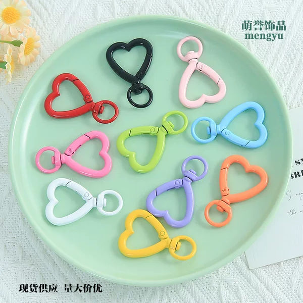 Colorful alloy heart-shaped spring clasp rotatable keyring DIY bead keychain pendant handmade jewelry accessory
