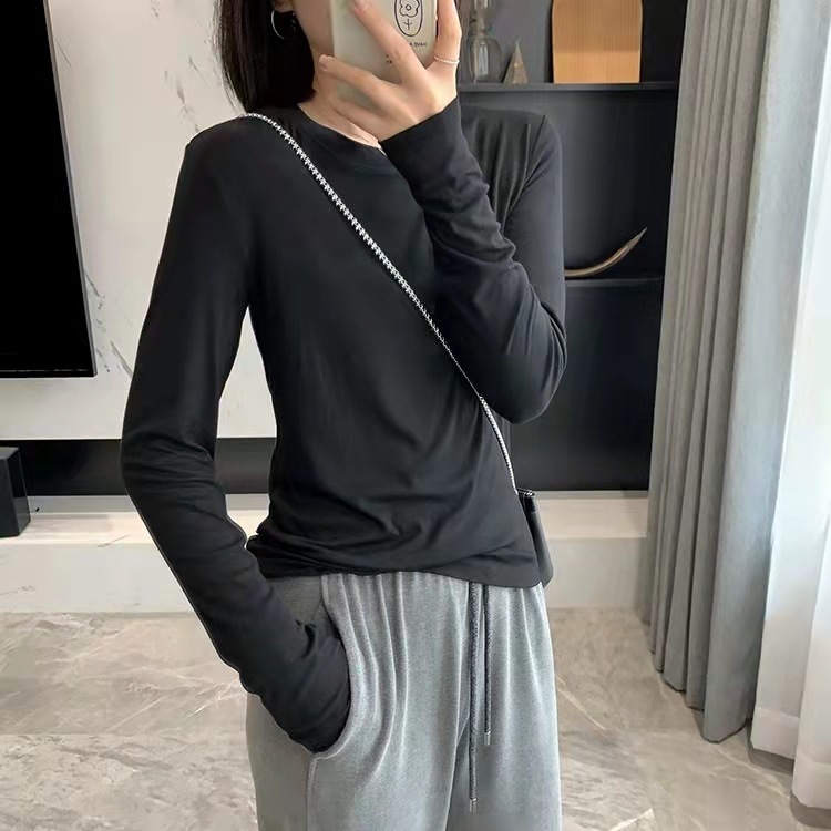 秋季韩版显瘦百搭圆领修身内搭纯色打底衫女装白色长袖T恤女A6729|undefined
