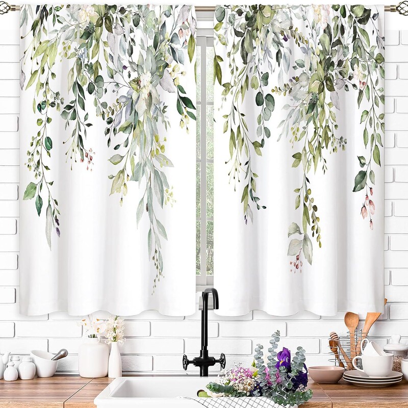 New foreign trade sage green leaf watercolor floral hummingbird coffee curtains plant curtains for restaurant and home decoration New foreign trade sage green leaf watercolor floral hummingbird coffee curtains plant curtains for restaurant and home decoration