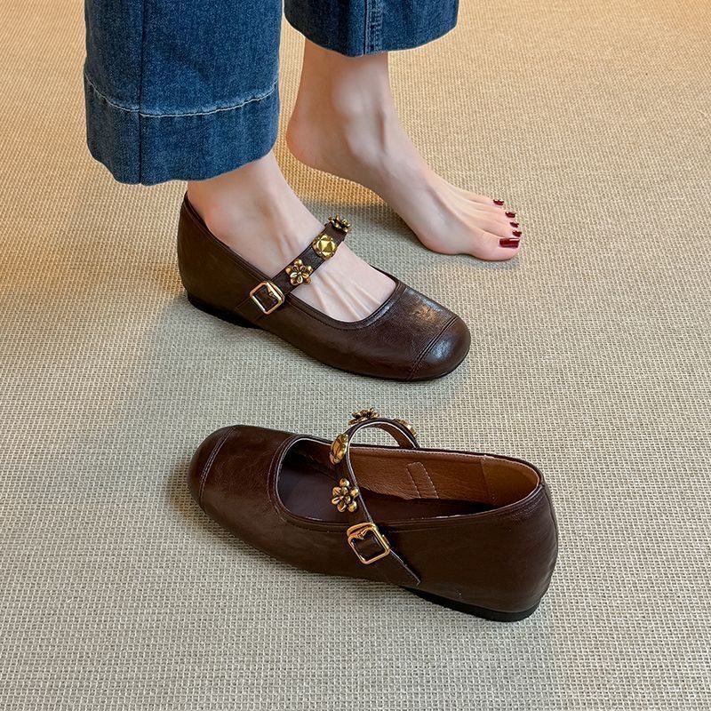 Super Soft Lambskin 6cm Internal Height-Increasing Genuine Leather French-Style Single-Strap Mary Jane Shoes for Women with Chunky Heels and Retro Design