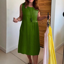 2025亚马逊跨境女装纽扣口袋无袖圆领棉麻女连衣裙独立站文艺复古