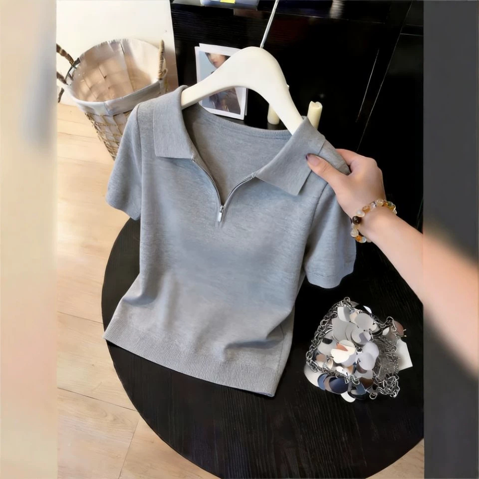 Áo thun polo nữ thiết kế dây kéo phong cách trẻ trung — trắng chi tiết 2