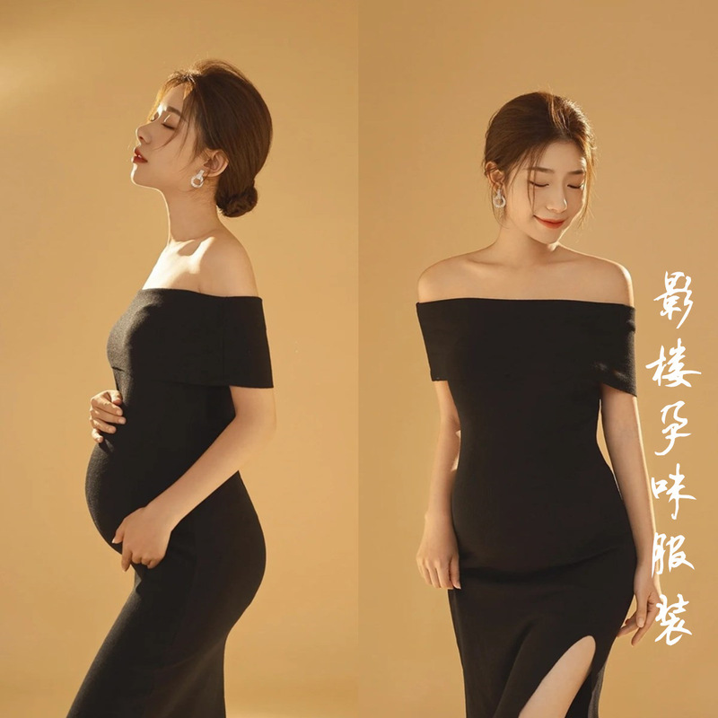 Photo Studio Maternity Photo Clothing Black Knitted Super Slim Shoulder Art Photo Studio Photo Photography Split Dress