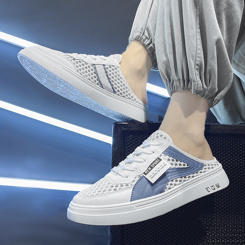 夏季大网镂空半拖鞋无后跟系带款包头鞋学生平底简约透Mens shoes