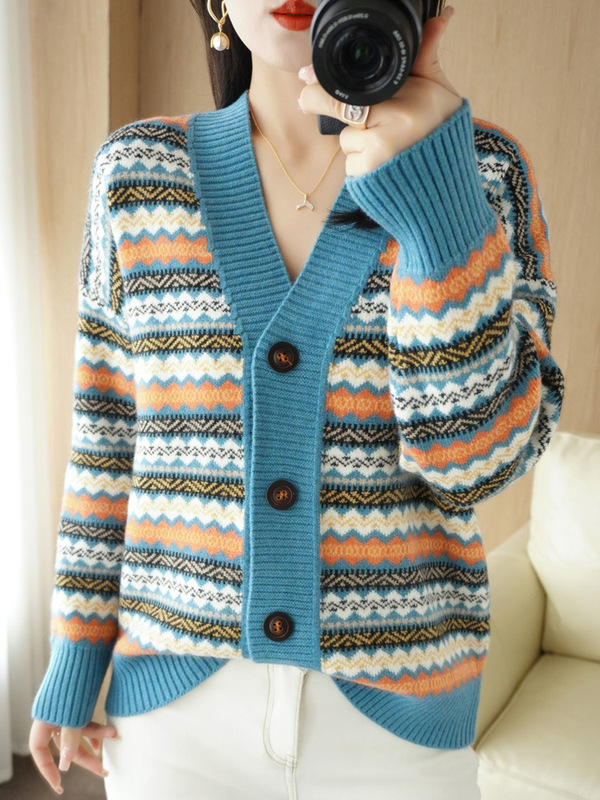 Heavy Lazy Vintage Color-block Small Fragrant Wool Cardigan Women's Loose Large Size Thickened Sweater V-neck Jacket Heavy Lazy Vintage Color-block Small Fragrant Wool Cardigan Women's Loose Large Size Thickened Sweater V-neck Jacket