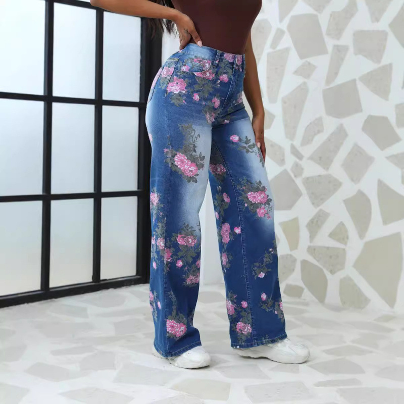 アマゾンのハイウエストの新型プリントデニムパンツハンサムなストレートの花柄があります。|undefined