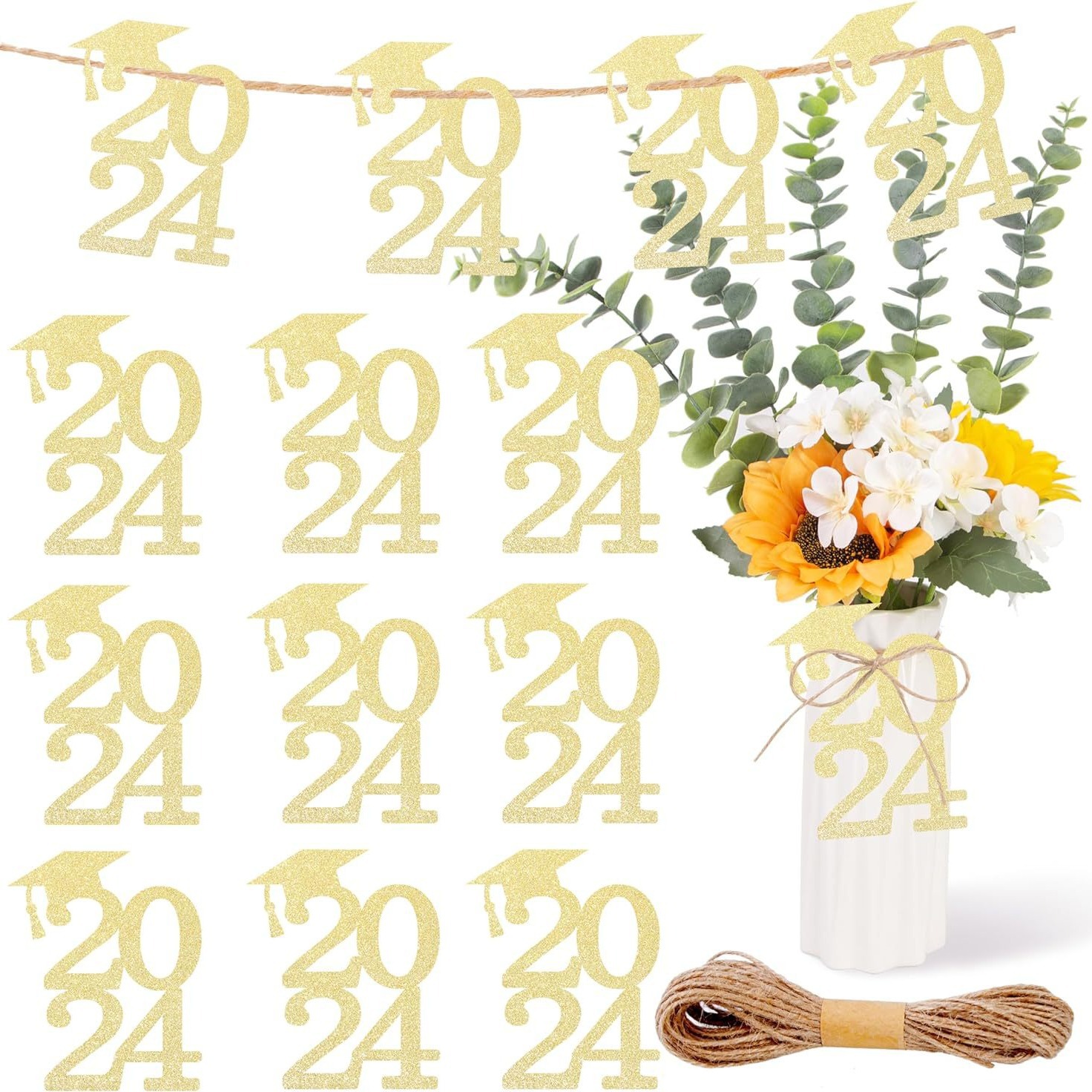 24 piezas de brillo negro cinta de doble cara 2024 decoraciones temporada de graduación suministros de fiesta corte de papel pull bandera transfronteriza Venta caliente