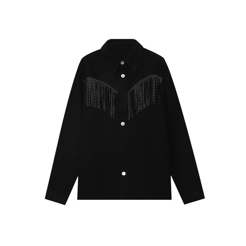 Spring and Autumn New Women's Casual Single-Breasted Rivet Tassel Lapel Long Sleeve Denim Jacket 4406153