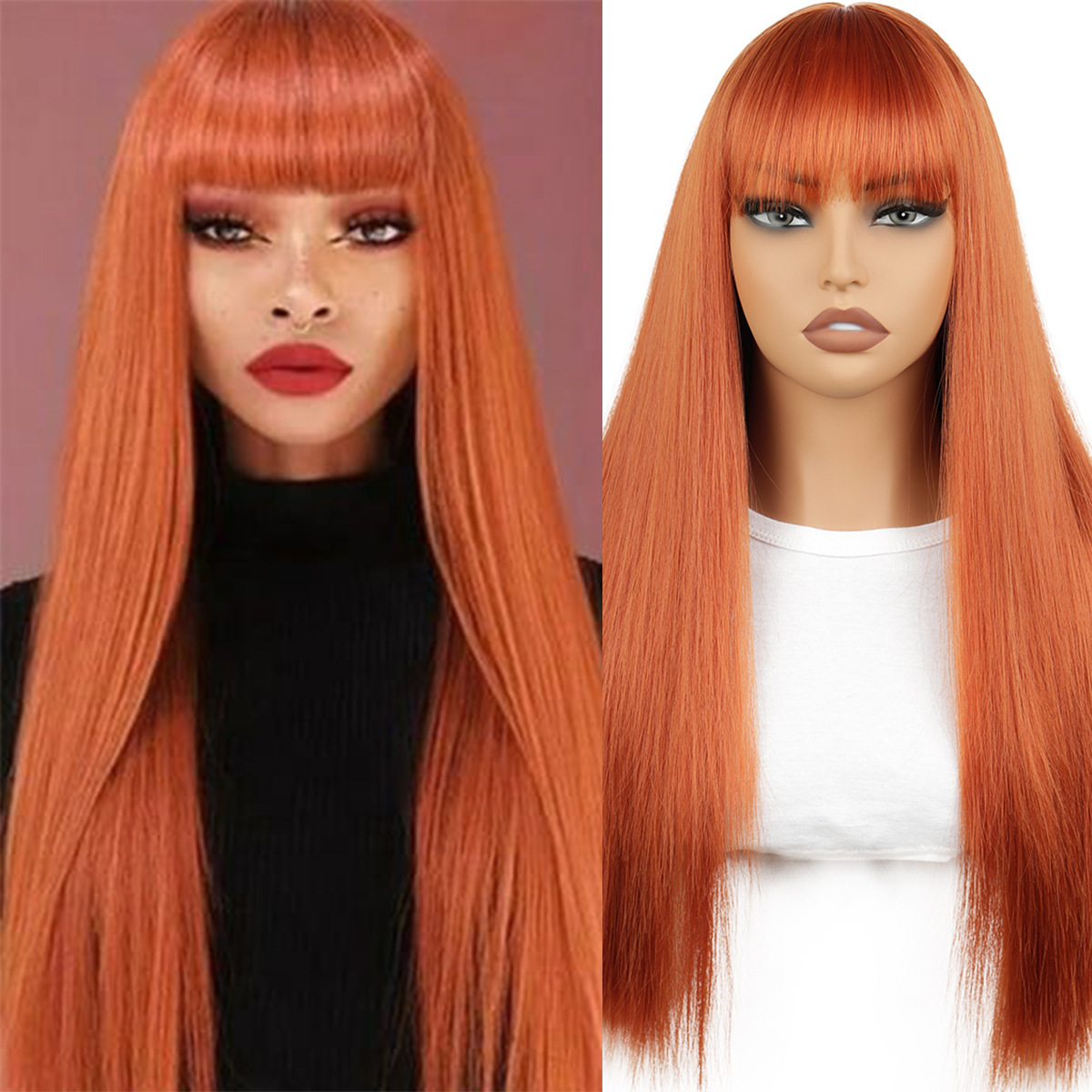 Long Synthetic Hair Wig With Bangs Straight And Wavy Full Coverage_voghion.com