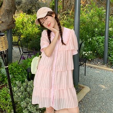 粉色連衣裙女夏季2023新款法式溫柔系小個子甜美復古小仙女蛋糕裙