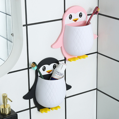 创意卡通企鹅置物架化妆工具整理盒宿舍卫生间牙刷床头手机壁挂收