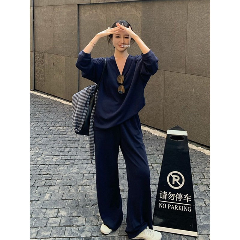 实价现货初秋简约休闲藏蓝色宽松长袖女气质条纹直筒休闲裤小套装|undefined