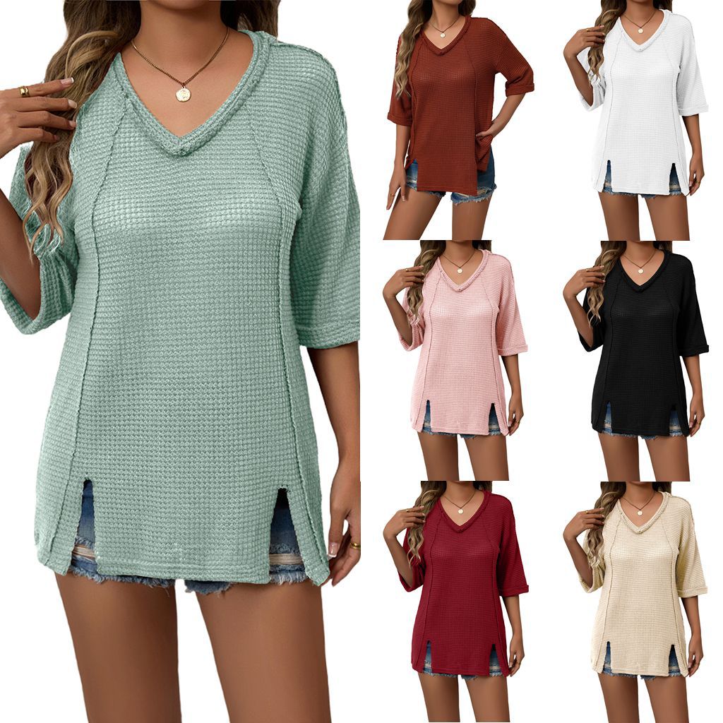 2025春夏亚马逊新款跨境外贸欧美女装华夫格V领短袖纯色T恤上衣