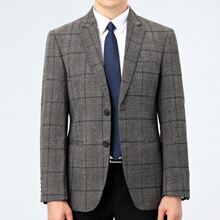 男装高档西服中老年商务休闲羊毛小西装男士免烫大码毛料格子外套