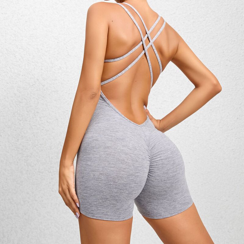 European and American Cross-Border New Pleated Peach Hip Yoga Pants Backless Strap Beautiful Back Sports Fitness Sleeveless Jumpsuit Shorts