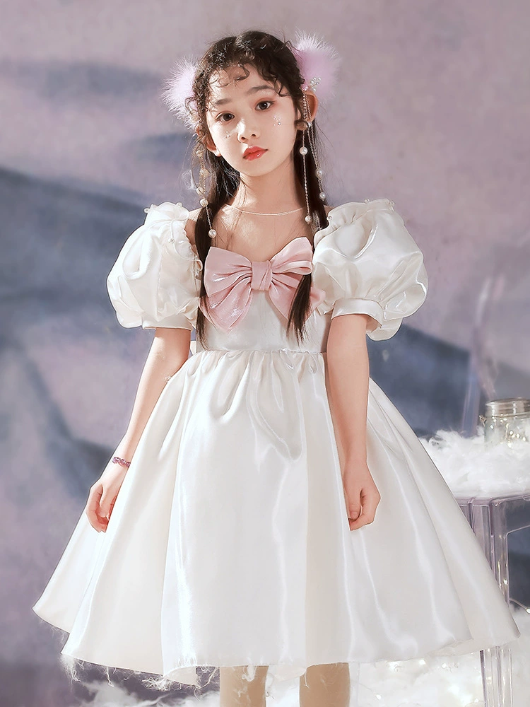 Платье для девочек в стиле Хепберн, детское платье для фортепиано в западном стиле, шоу-хозяин, белое платье принцессы, весна