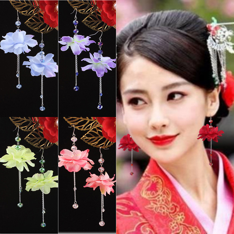 結婚新娘秀禾漢服飾品中國古風花朵耳環925銀耳鈎流蘇宮廷耳墜