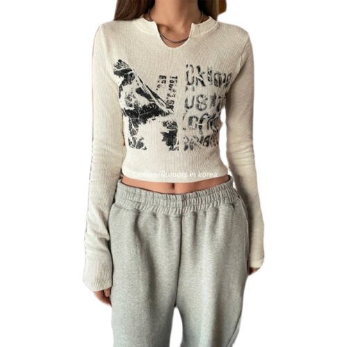 Rate the old English printed small U-neck short sleeve threaded long sleeve T