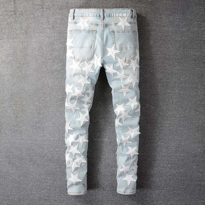 Jean homme slim fit élastique avec trous aux genoux et étoiles_voghion.com