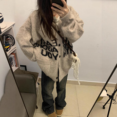 慵懒风软糯毛衣开衫女秋冬美式高级感穿搭字母提花宽松针织外套潮