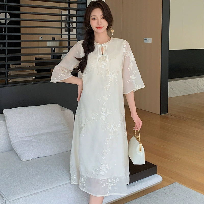 Summer clothing for pregnant, summer light and thin breathable long skirt, dress, Chinese style, with embroidery, loose fit