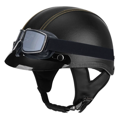 Motosiklet kaskı (dəbilqə) — leather helmet - black-leather-pattern-yellow-line-hat-brim-square-retro-mirror-m56-57cm