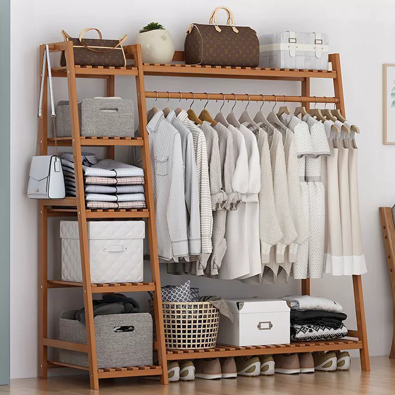 Простая напольная вешалка для одежды, вертикальный шкаф для спальни, бамбуковая вешалка для одежды, стеллаж для хранения одежды