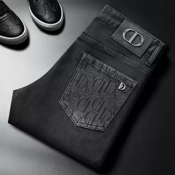 Autumn and Winter High-end Sense Black Grey Jeans Men's Stretch Slim-fit Small Straight Fashionable European Goods High-end Casual Trendy Brand