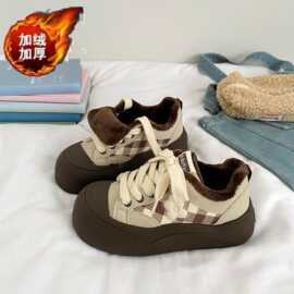 格子加绒面包鞋厚底棉鞋女2025新款百搭加厚保暖小众休闲二棉板鞋