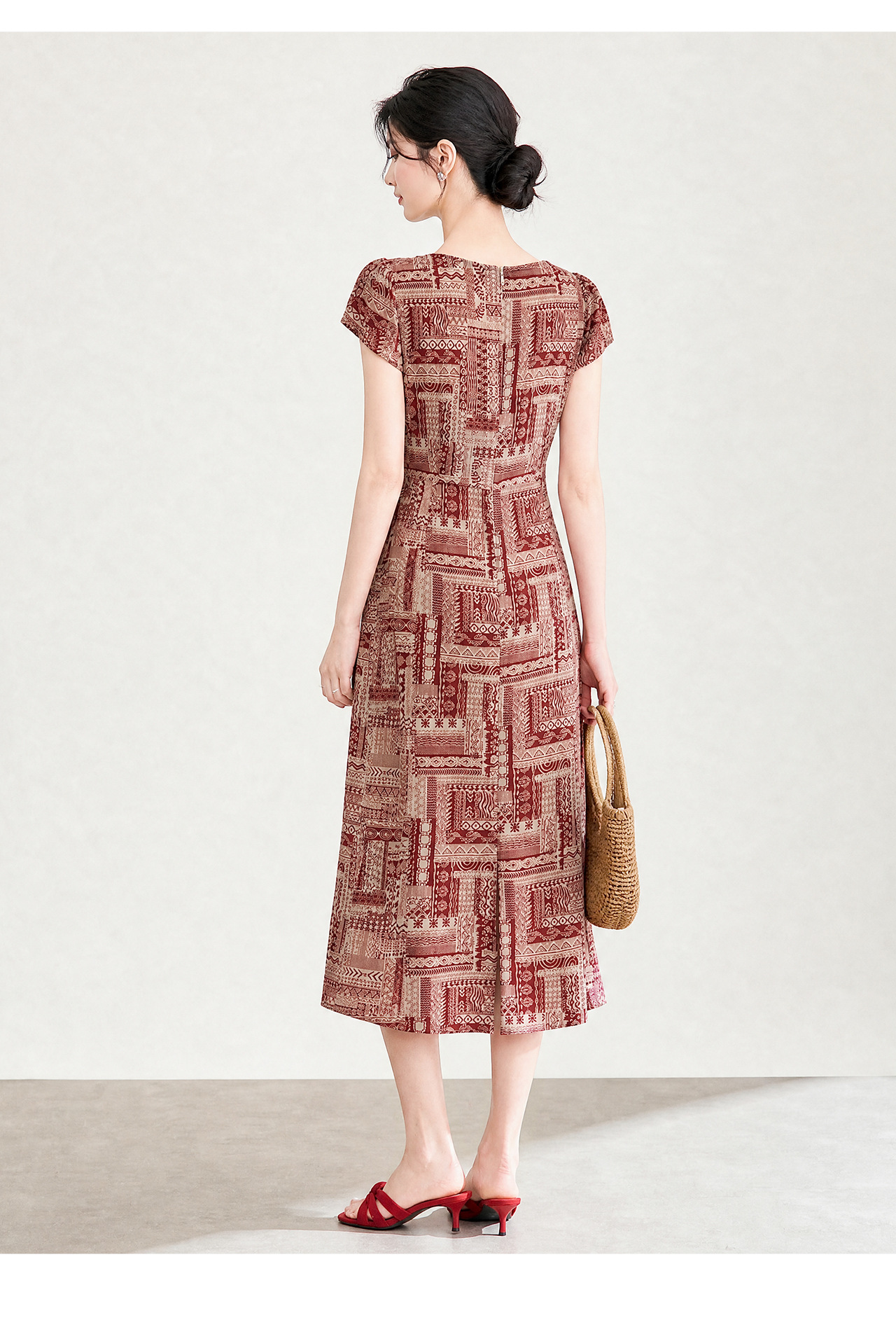 Đầm maxi nữ họa tiết bohemian tay ngắn thắt eo chất liệu voan — màu hồng chi tiết 16