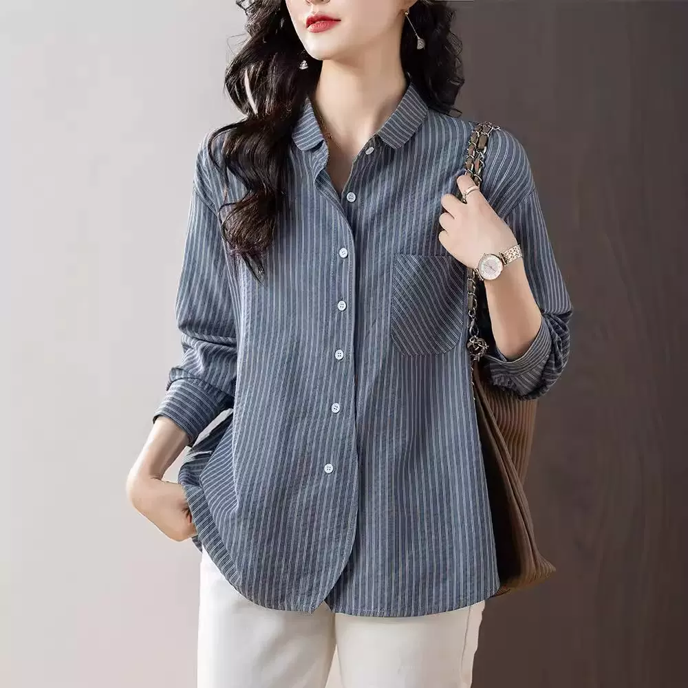 条纹衬衫女长袖2025年新款秋季衬衣口袋上衣