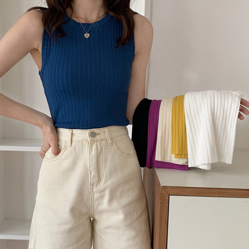 Short, fashionable, ice silk strapless vest for women, summer innerwear round neck undershirt, fashionable plain sleeveless knitwear, trendy 