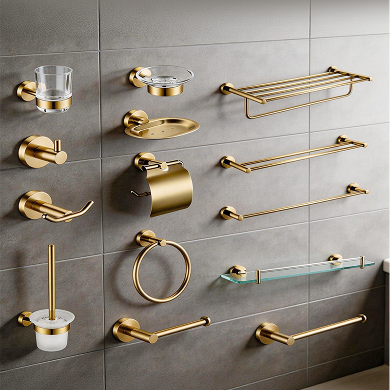 High-end bathroom accessories in brushed gold: towel rack, single dish, single cup, tissue holder, toilet brush, coat hook, towel bar, storage rack