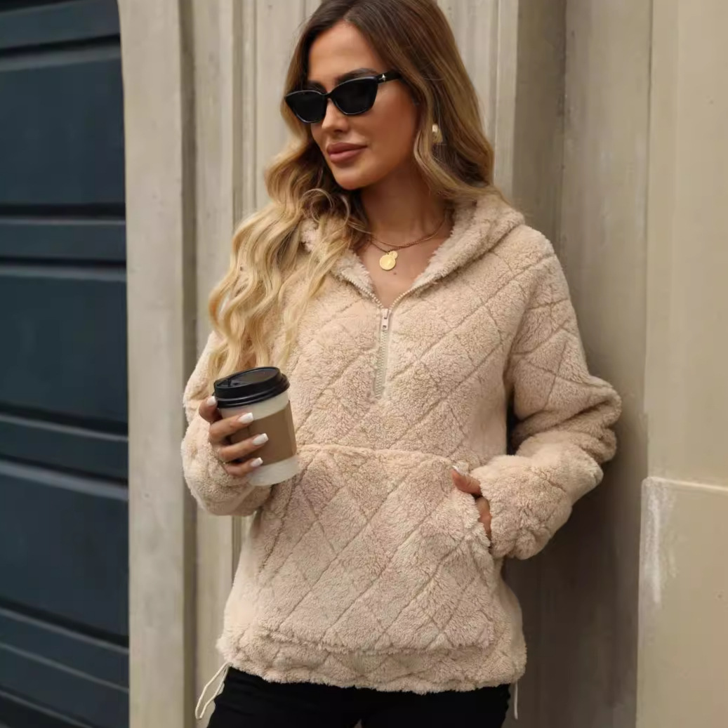 Women's Clothing Flash velvet 2024 autumn and winter new women's clothing loose half zip pullover hooded plush sweatshirt_voghion.com