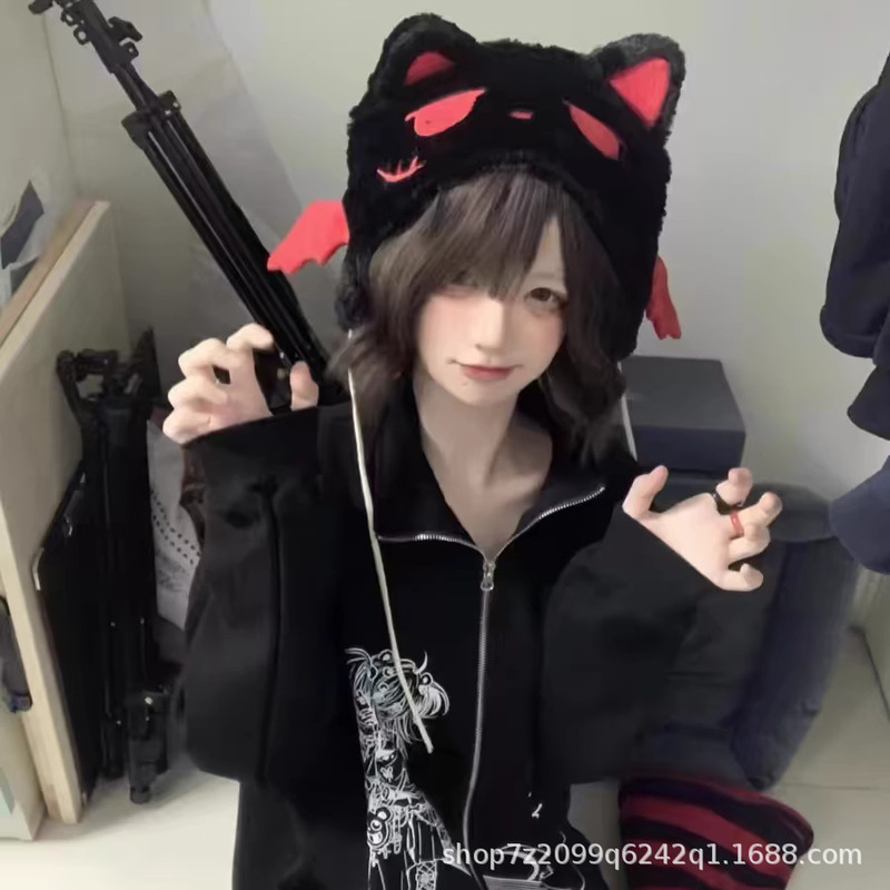 ins恶魔小喵帽子加厚可爱小恶魔头套万圣节小众暗黑猫耳朵帽子女|undefined