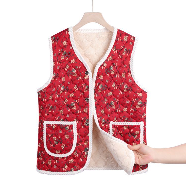 Middle-Aged and Elderly Women's Vest, Mother's Style Vest, Middle-Aged Ladies' Fleece-Lined Thickened Vest, Houndstooth Pattern, Warm Sleeveless