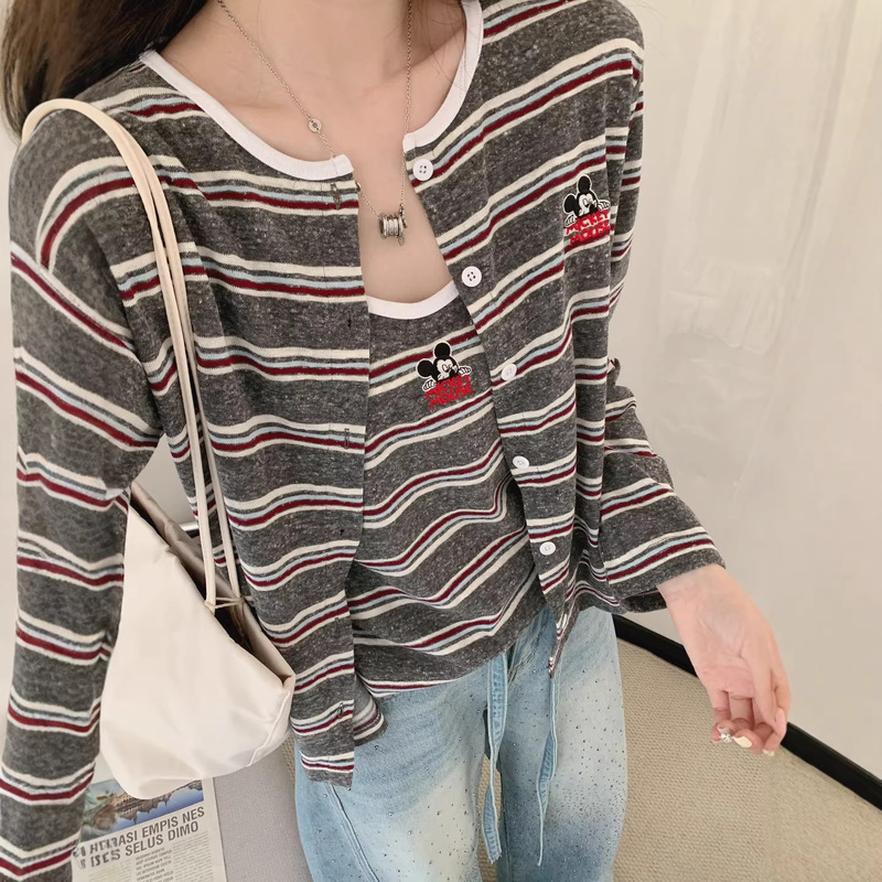 Korean-Style Striped Cardigan for Women Paired with a Camisole, Early Spring Stylish Long-Sleeve Knit Top and Jacket Two-Piece Set Korean-Style Striped Cardigan for Women Paired with a Camisole, Early Spring Stylish Long-Sleeve Knit Top and Jacket Two-Piece Set