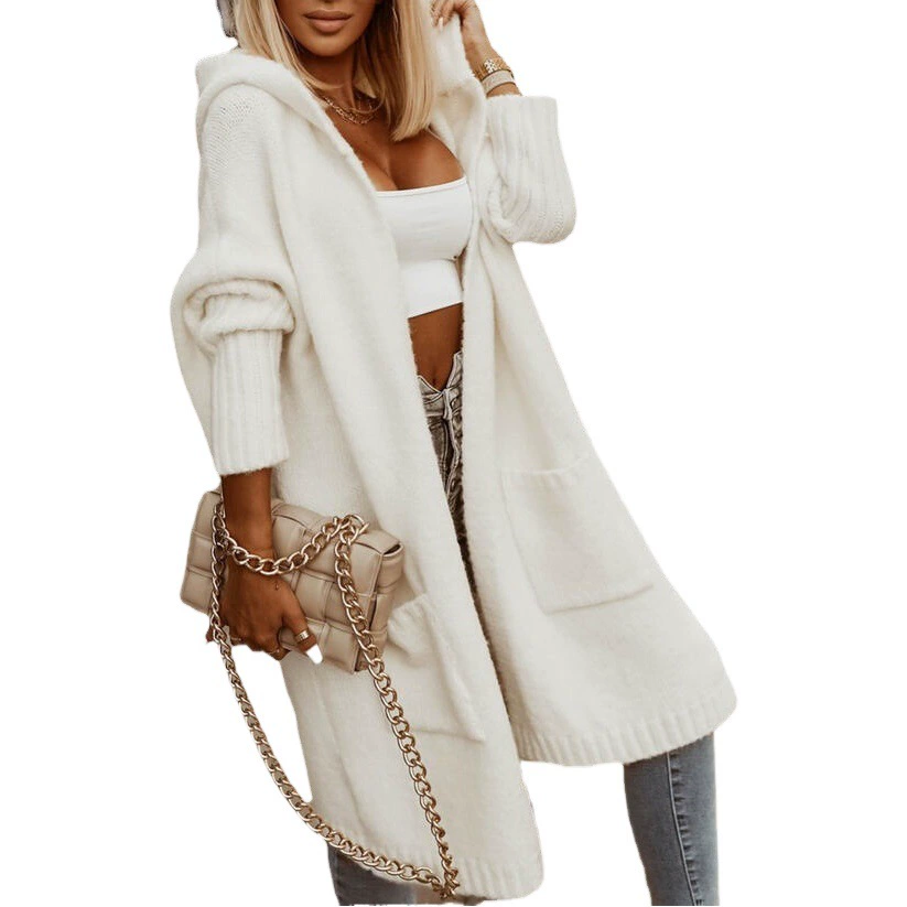 Трансграничная внешняя торговля, новый осенне-зимний свитер, длинный кардиган с лацканами, с капюшоном, длинная шерстяная свободная вязаная куртка с буквами