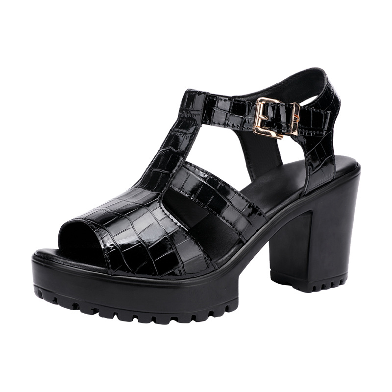 Sandal cao gót nữ đế xuồng da bóng mùa hè 2025, gót 9 cm, đế dày platform, hở mũi, size lớn 40-43 — Màu đen, Màu trắng