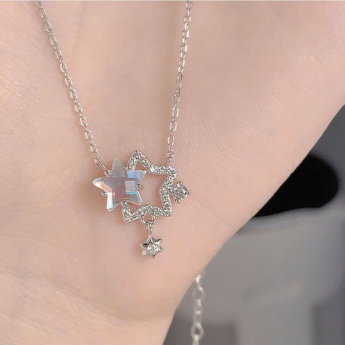 Titanium steel fashionable temperament five-pointed star rhinestone necklace for women, colorful titanium steel ultra-bright zirconia tassel pendant choker