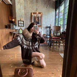 濮院毛衫厂 国潮牌情侣美式可拆卸毛领费尔岛毛衣撞色针织衫外套