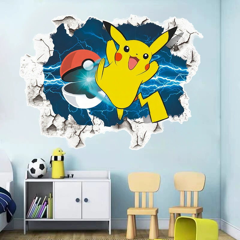 Наклейки на стену с 3D-мультяшным дизайном Пикачу для детской комнаты, дверцы шкафа, граффити, самоклеящиеся, ПВХ, для трансграничной продажи