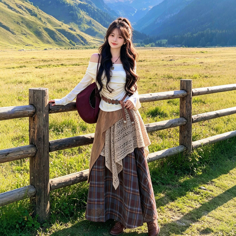 Xinjiang Yunnan Dali Grassland Travel Outfit for Women Early Autumn Bohemian Wasteland Style Retro Plaid Long Skirt Set Xinjiang Yunnan Dali Grassland Travel Outfit for Women Early Autumn Bohemian Wasteland Style Retro Plaid Long Skirt Set