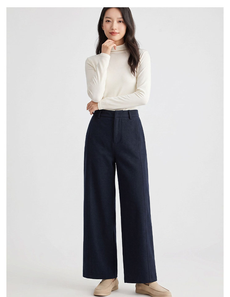 Quần ống rộng lưng cao dáng suông chất len cashmere phối len cừu — Xanh navy chi tiết 10