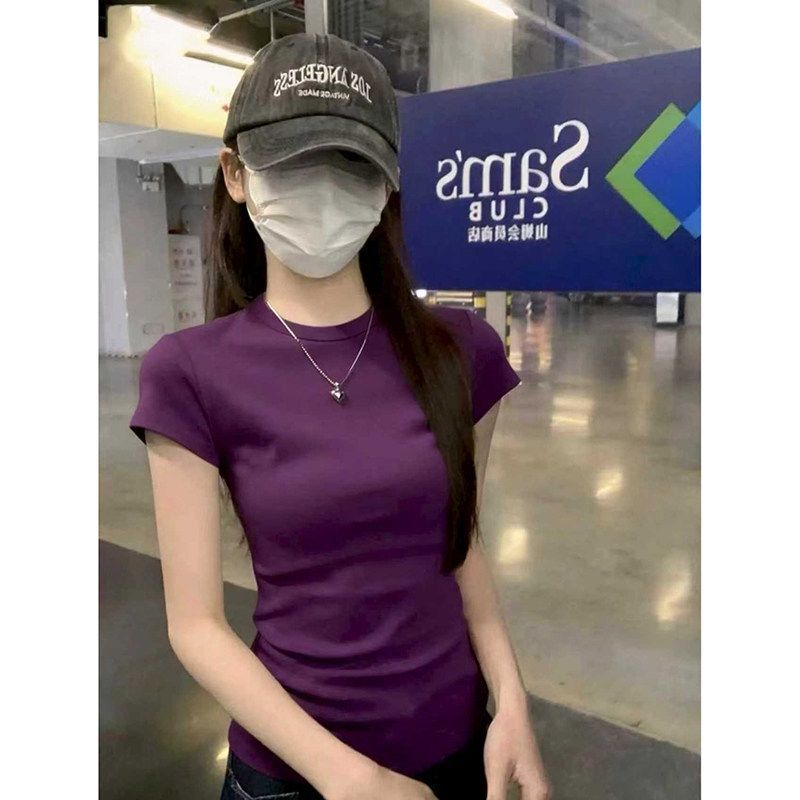 Grape Purple Regular Shoulder Short-Sleeve T-Shirt for Women, 2026 Summer New Style, Slim Fit, Flattering, Hot Girl Style, Tight-Fitting Pure Cotton Top Grape Purple Regular Shoulder Short-Sleeve T-Shirt for Women, 2026 Summer New Style, Slim Fit, Flattering, Hot Girl Style, Tight-Fitting Pure Cotton Top