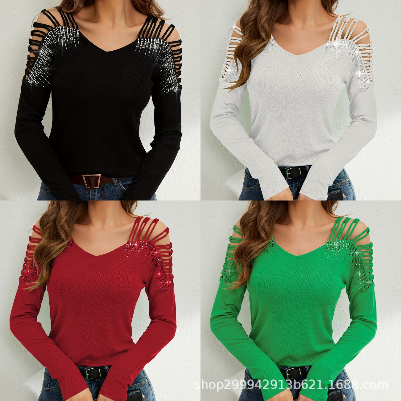 European and American cross-border 2025 new fashion lace splicing heavy industry iron diamond v collar building empty long-sleeved T-shirt women's top