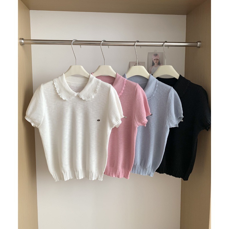 Fresh and Simple Korean Style Doll Collar Short Sleeve T-Shirt for Women 2025 Summer New Sweet Youthful Elegant Knitted Top