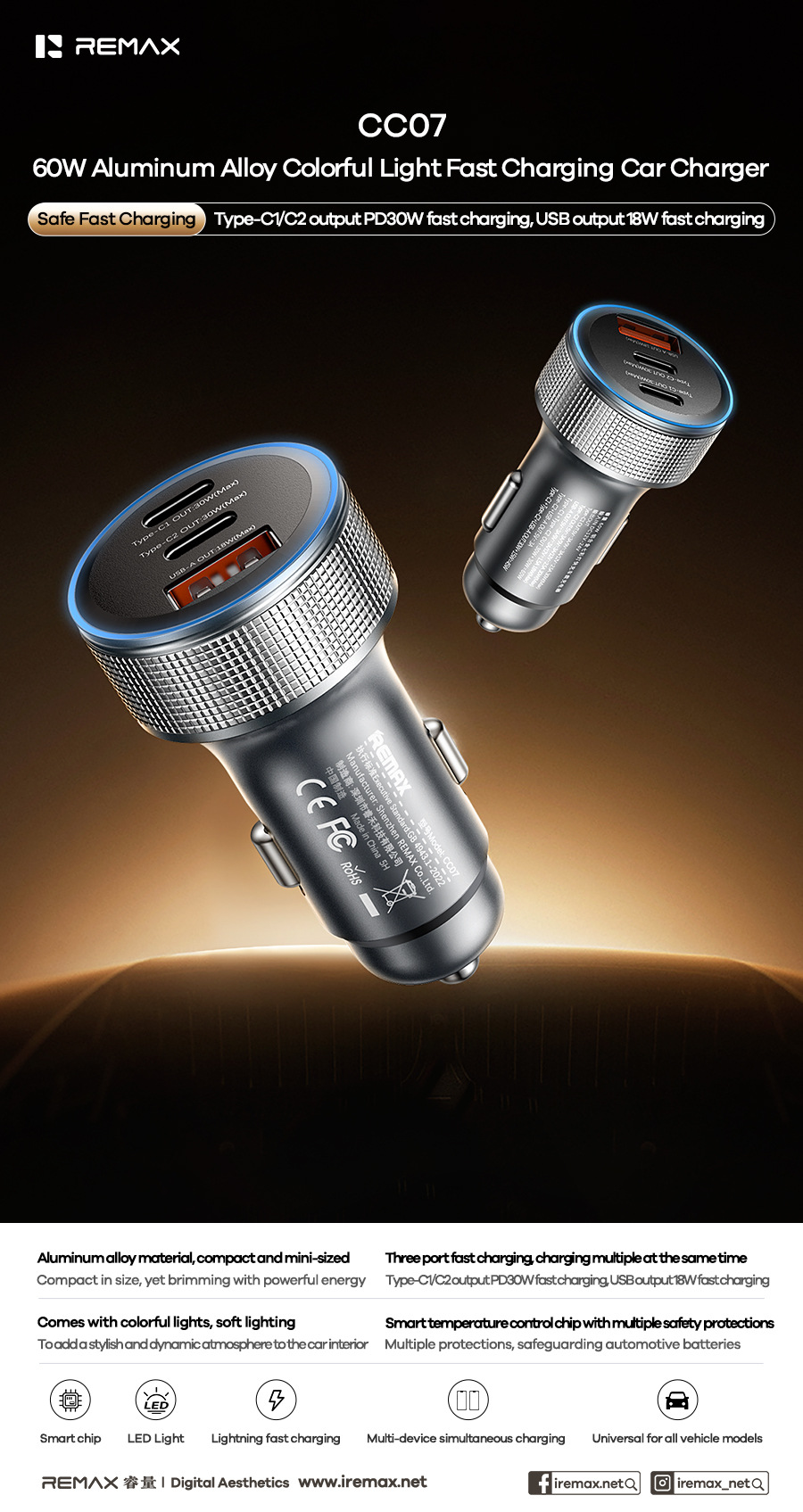 Remax 60W Aluminum Alloy Three-Port Colorful Light Fast Charging Car Charger Car Mini Car Charger Cc07