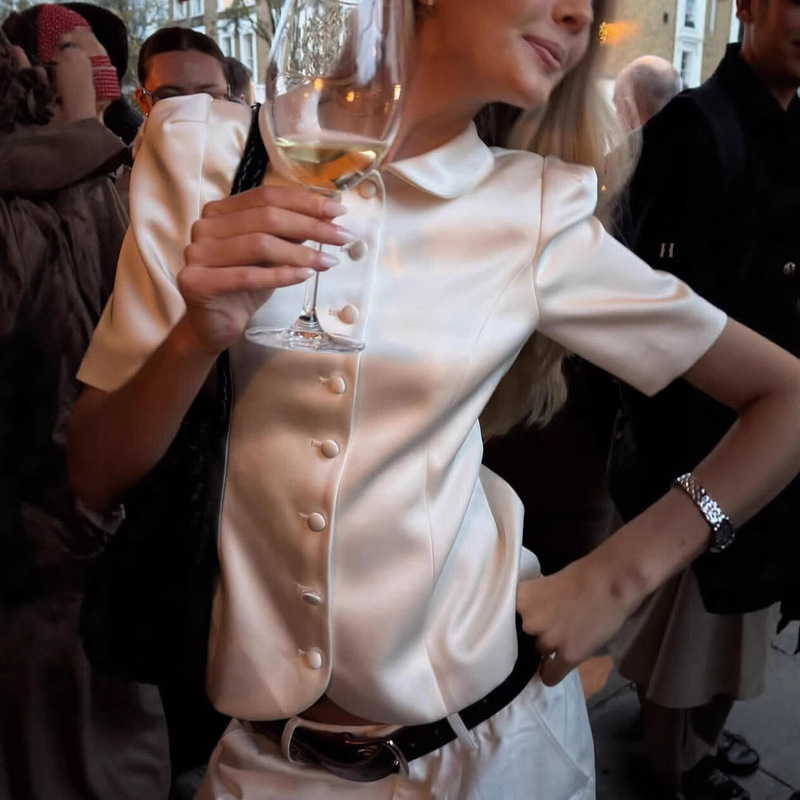 French Old Money Style White Doll Collar Short-Sleeve Shirt for Women, Slim Fit Acetate Satin Blouse for Summer