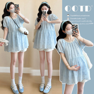 Real Shot 2025 Summer New Pregnant Women French Lace Embroidered Gentle Age-reducing Doll Shirt Top for Belly-supporting Shorts